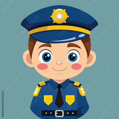 Cartoon boy wearing a police uniform and a cap smiles against a plain blue background