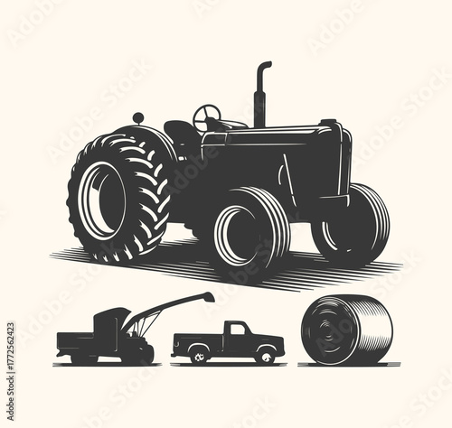 Vintage tractor and farm equipment illustration, including a pickup truck and hay baler