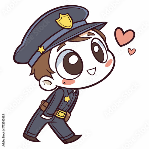 Charming white character dressed as officer happily walks along with floating heart shapes