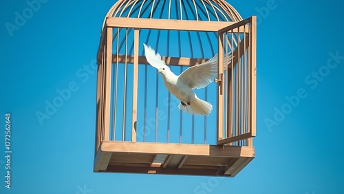 birdcage. Wooden birdcage with its door open and a white dove taking flight against a blue sky. wildlife magazines, conservation campaigns, designed for eco-tourism storytelling.
