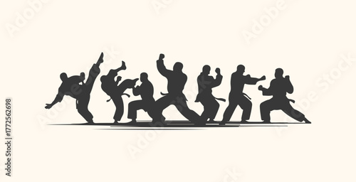 Silhouette of martial artists performing various karate moves in a dynamic group pose, isolated on a light background