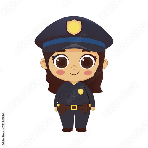 Cheerful Latina cartoon girl wearing a police uniform stands attentively facing forward on a white background