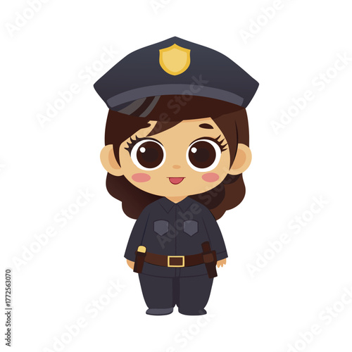 Brunette cartoon police officer in dark blue uniform stands smiling sweetly on a white background