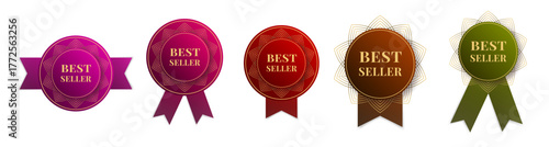 Best seller premium quality. Set of round logos. Label or seal. Product quality. Bestseller cachet. Round print. Top seller. Pink, red, brown and olive green