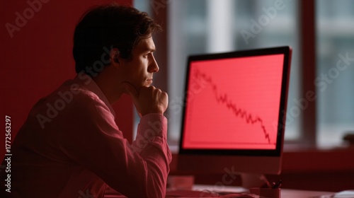 Pensive Caucasian man immersed in stock market plunge on crimson screen, reflecting adversity, paired with Panic Day contemplation
