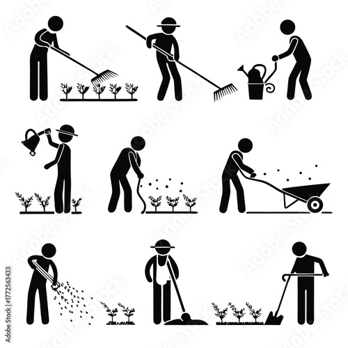 Black silhouette figures show people doing yard work such as gardening and raking leaves