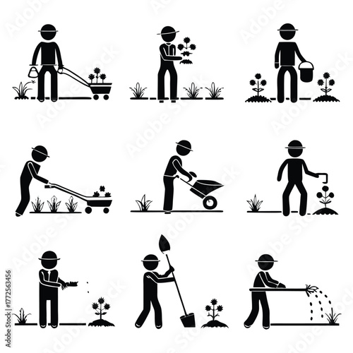 Black stick figure gardener planting, watering, and transplanting flowers using various tools
