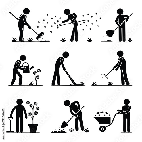 Black stick figures show various gardening activities like digging, watering, and pushing a wheelbarrow