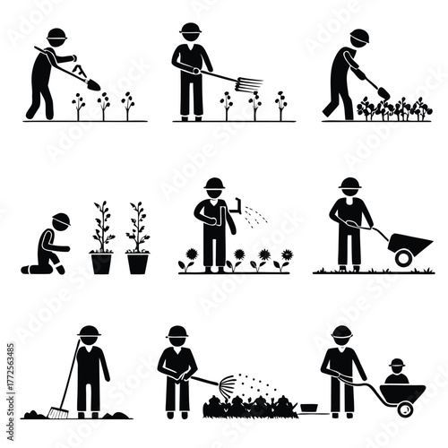 Pictogram gardener planting watering and carrying with child, showcasing various gardening activities in vector