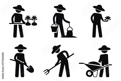 Six black silhouette farmers wearing hats tending gardens through various agricultural activities