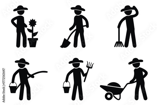 Six farmers in black show working with tools using a white background