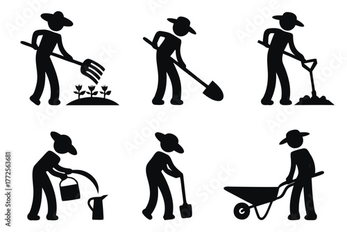 Silhouetted gardener figures display activities like raking, shoveling, watering, and using a wheelbarrow