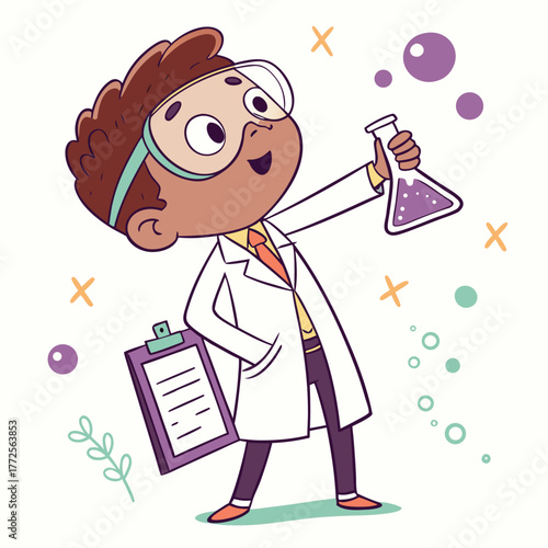 Smiling ethnicity boy in white coat holds a clipboard and Erlenmeyer flask happily