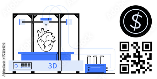 3D printer producing anatomical heart design with lab equipment, QR code, and payment icon. Ideal for healthcare, science, technology, innovation, medical progress, biotechnology simple flat