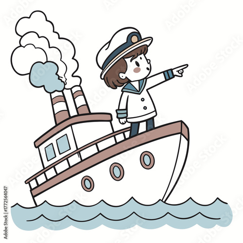 Cute cartoon captain aboard the steamboat joyfully points forward on rippling water