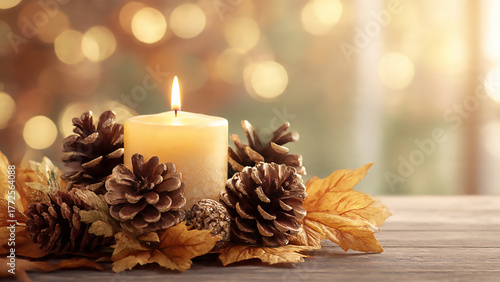 A warm candle surrounded by pine cones and golden leaves on a wooden table