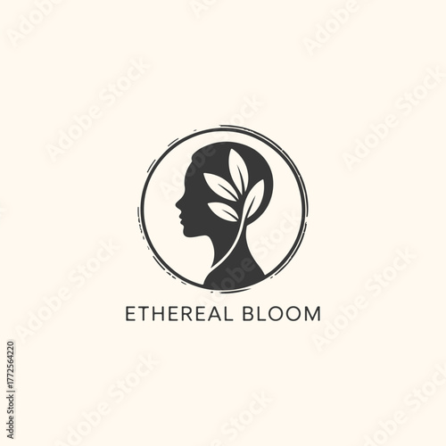 Silhouette of a persons head with a plant growing from it, symbolizing growth and nature, with text ethereal bloom