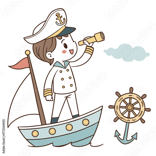 Happy sailor boy looks through spyglass while sailing in a boat on ocean