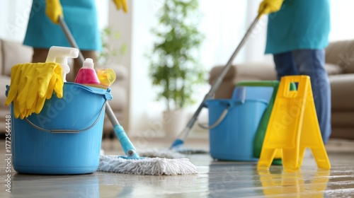 Professional cleaners mopping a shiny floor in a bright, modern living room
