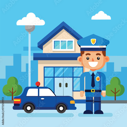 Cartoon police officer stands near a blue police car outside the station with smile