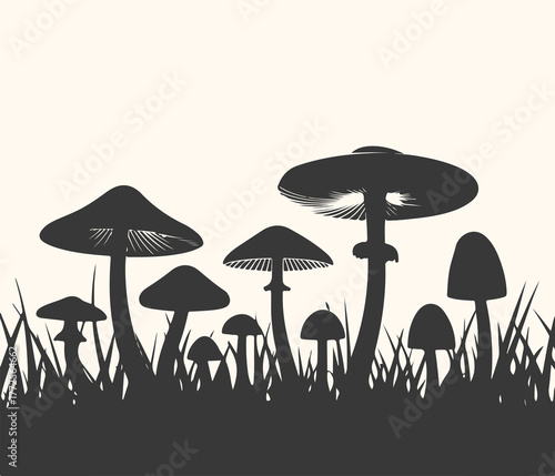 Silhouette of various mushrooms growing in grass against a plain background, nature illustration