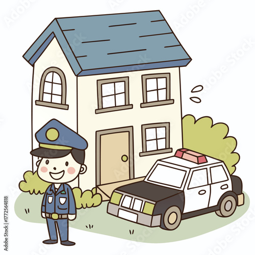 Smiling cartoon policeman stands proudly near his police car outside a nice house