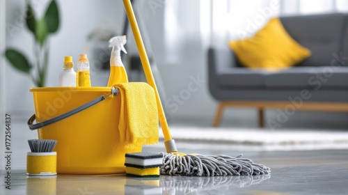 Assortment of professional cleaning supplies on floor in modern living room.