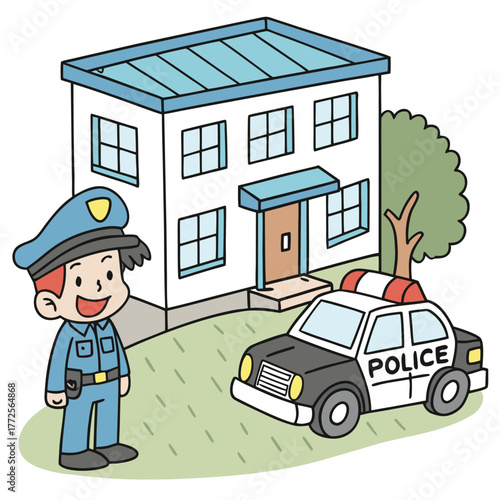 Cheerful police officer stands smiling before the police station and vehicle in the sunshine