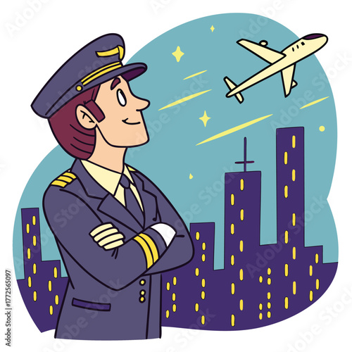 Cartoon Caucasian pilot stands with folded arms viewing an airplane over a city