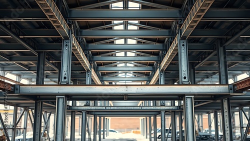 ibeam. Exposed steel I-beam support structure on a construction site with metallic textures. real-estate listings.
