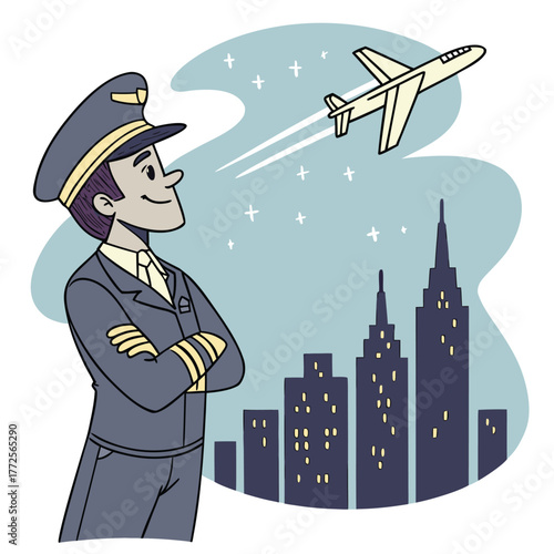 Smiling cartoon pilot watches an airplane fly over the city skyscrapers against the pale blue sky