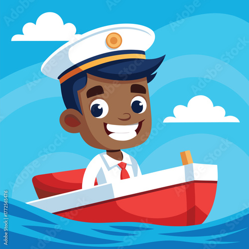 Smiling African boy wearing a captain's hat sails a red boat on blue waves