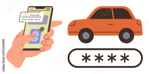 Hand holding phone with fingerprint scan, passcode, and message notification beside orange car and password field. Ideal for security, mobile applications, vehicle access, technology, data privacy