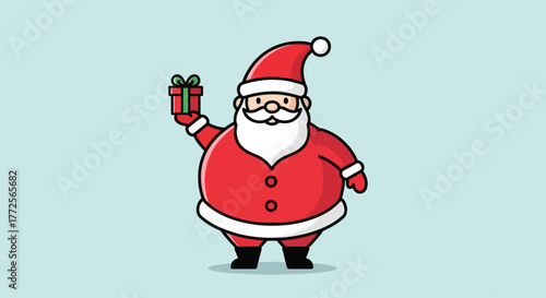 Cartoon Santa Claus holding a wrapped gift, smiling, ready for Christmas celebrations.