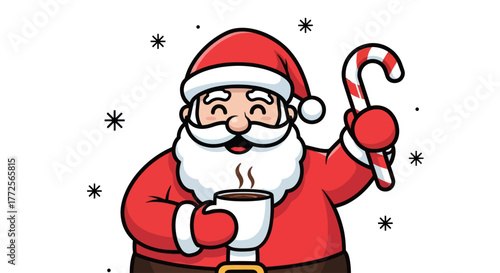 Cheerful cartoon Santa Claus holding a steaming hot drink and a festive candy cane with snowflakes.