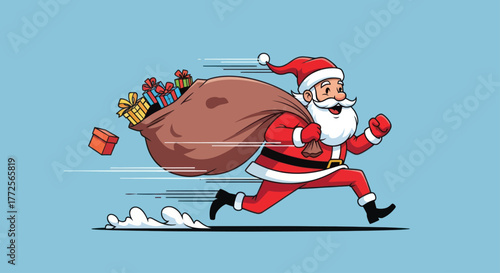 Cartoon illustration of Santa Claus running quickly with a large sack full of Christmas presents against a light blue background.