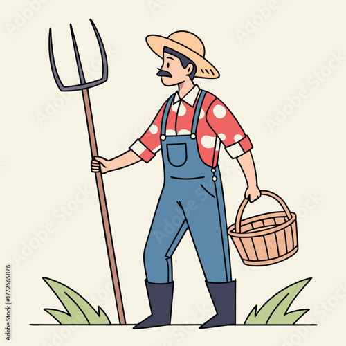 Cartoon farmer with pitchfork and basket stands in a field, smiling and wearing overalls