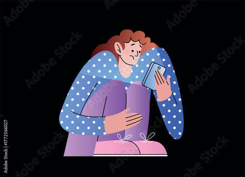 Sad woman sitting curled up looking at smartphone screen, showing stress and anxiety from social media. Doomscrolling and gadget addiction concept, flat vector illustration isolated