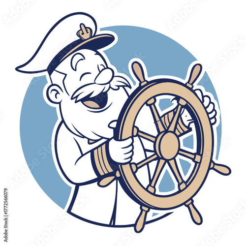 Smiling old captain holds the ship's wheel wearing a white hat against light blue