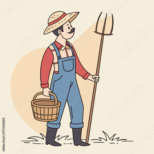 Cartoon farmer holds a basket and pitchfork standing outdoors ready for harvest time