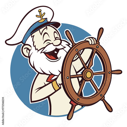 Cartoon captain smiling heartily and tightly gripping the wooden ship's steering wheel with joy