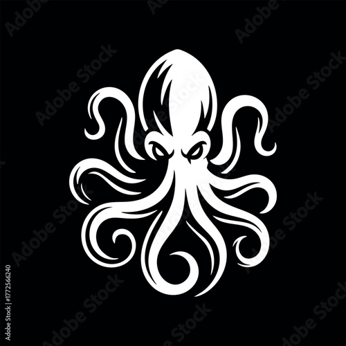 Vector illustration of a kraken, octopus. Logo variant on a black background.