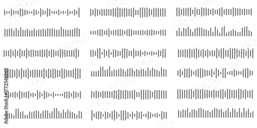 Black podcast sound wave patterns with varying amplitude bars for audio visualization and media interfaces. Digital frequency lines on white bg for music players, recording apps or broadcast design