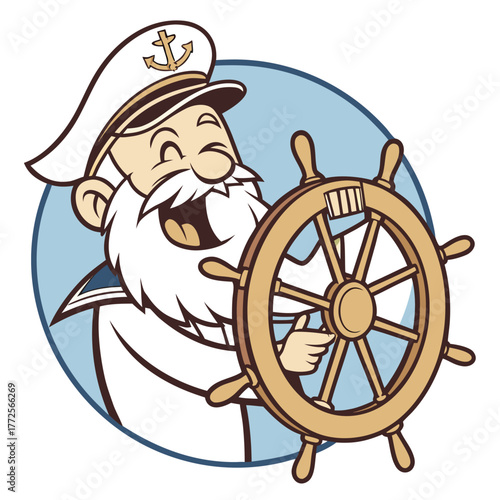 Smiling sailor with a beard steers a wooden ship's wheel on a nautical background