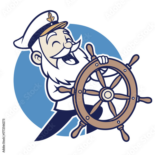 Smiling cartoon captain wearing a hat joyfully holds a ship's wheel against a blue circle