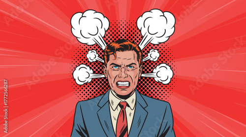 An enraged and furious man in pop art style. Vector illustration in pop art style.