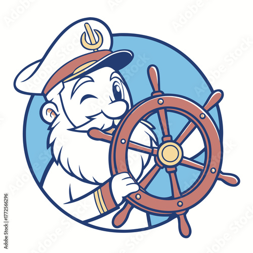 Cheerful cartoon captain with white beard pilots ship holding the helm within a circle