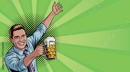 A young cheerful man with a beer in pop art style. Vector illustration in pop art style.