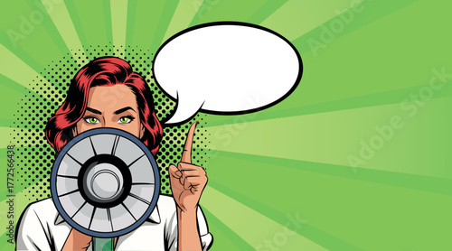 Young woman in pop art style with a loudspeaker and speech bubble. Vector illustration in pop art style.