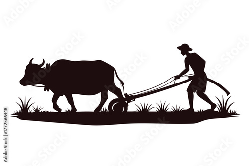 Silhouette shows a farmer and a buffalo working the field with traditional farming tools